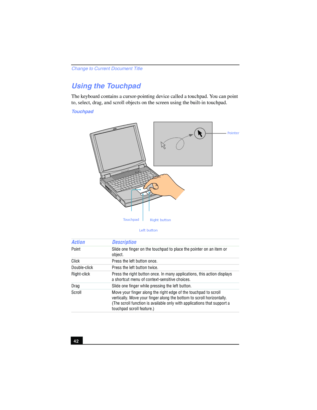 Sony PCG-FX210, PCG-FX215 manual Using the Touchpad, Action Description 