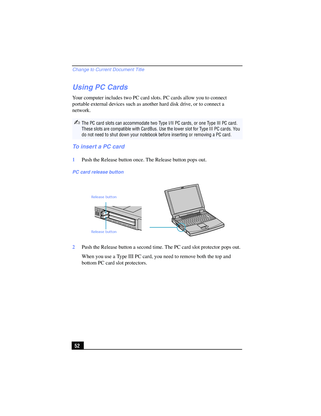 Sony PCG-FX210, PCG-FX215 manual Using PC Cards, To insert a PC card, PC card release button 