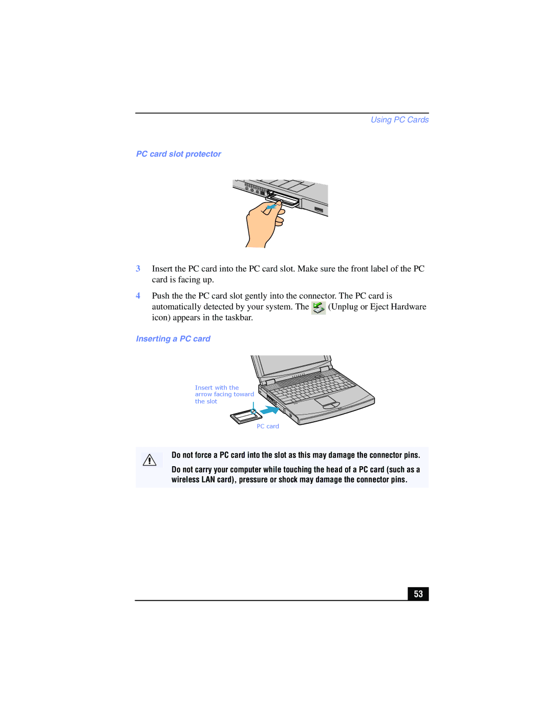 Sony PCG-FX215, PCG-FX210 manual PC card slot protector, Inserting a PC card 