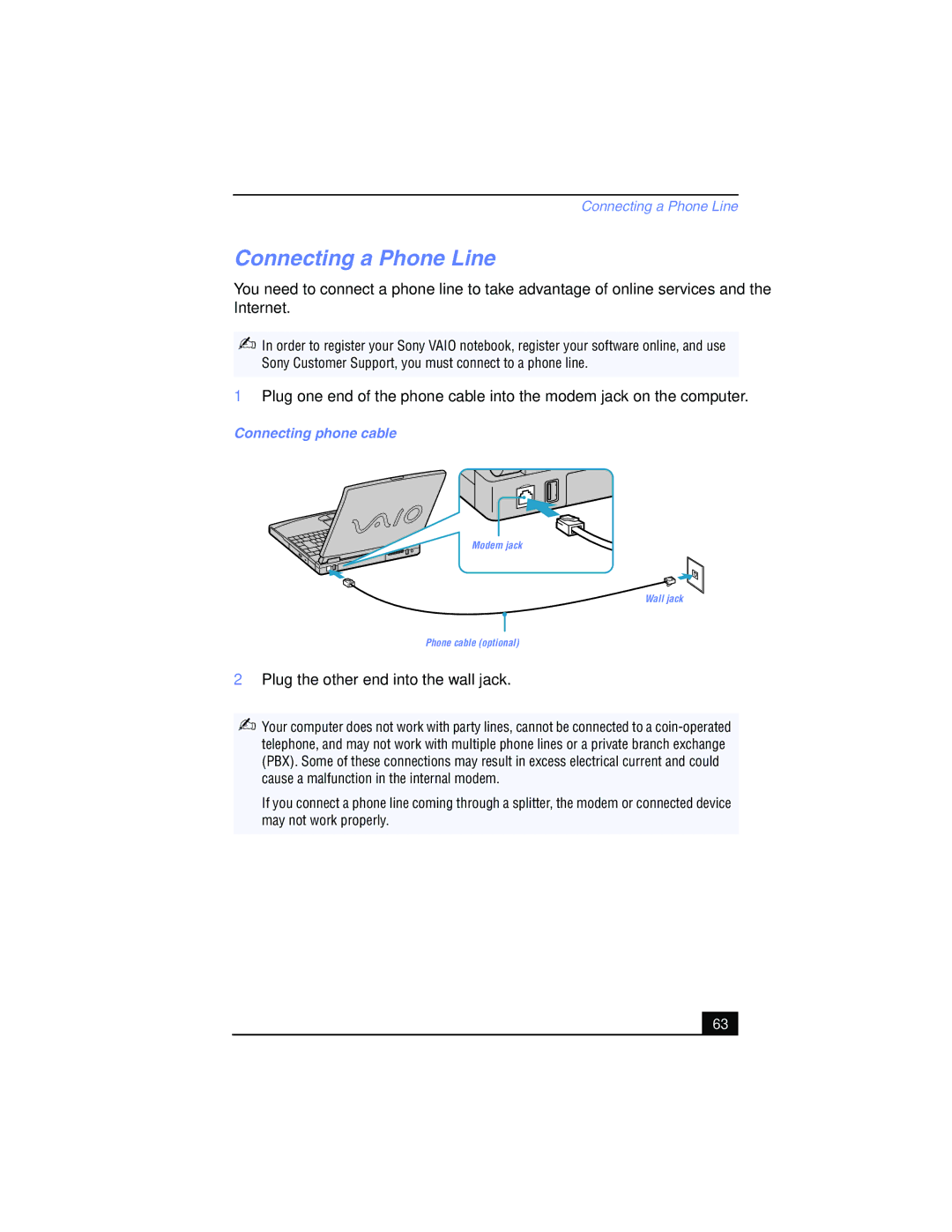 Sony PCG-FX215, PCG-FX210 manual Connecting a Phone Line, Connecting phone cable 