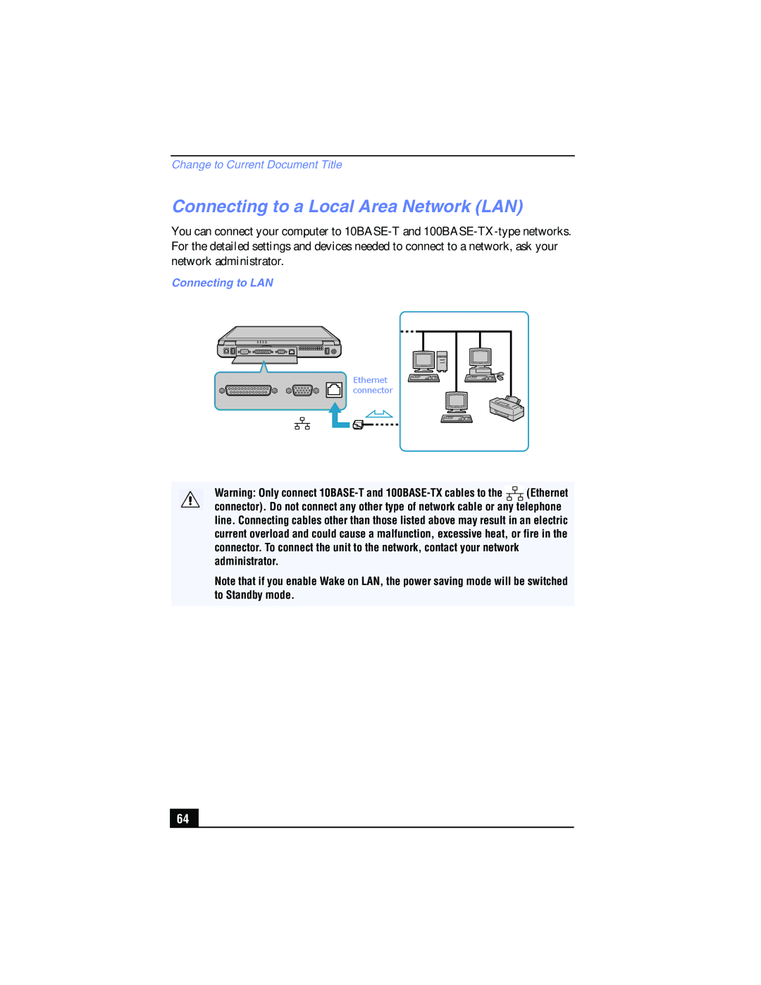 Sony PCG-FX210, PCG-FX215 manual Connecting to a Local Area Network LAN, Connecting to LAN 