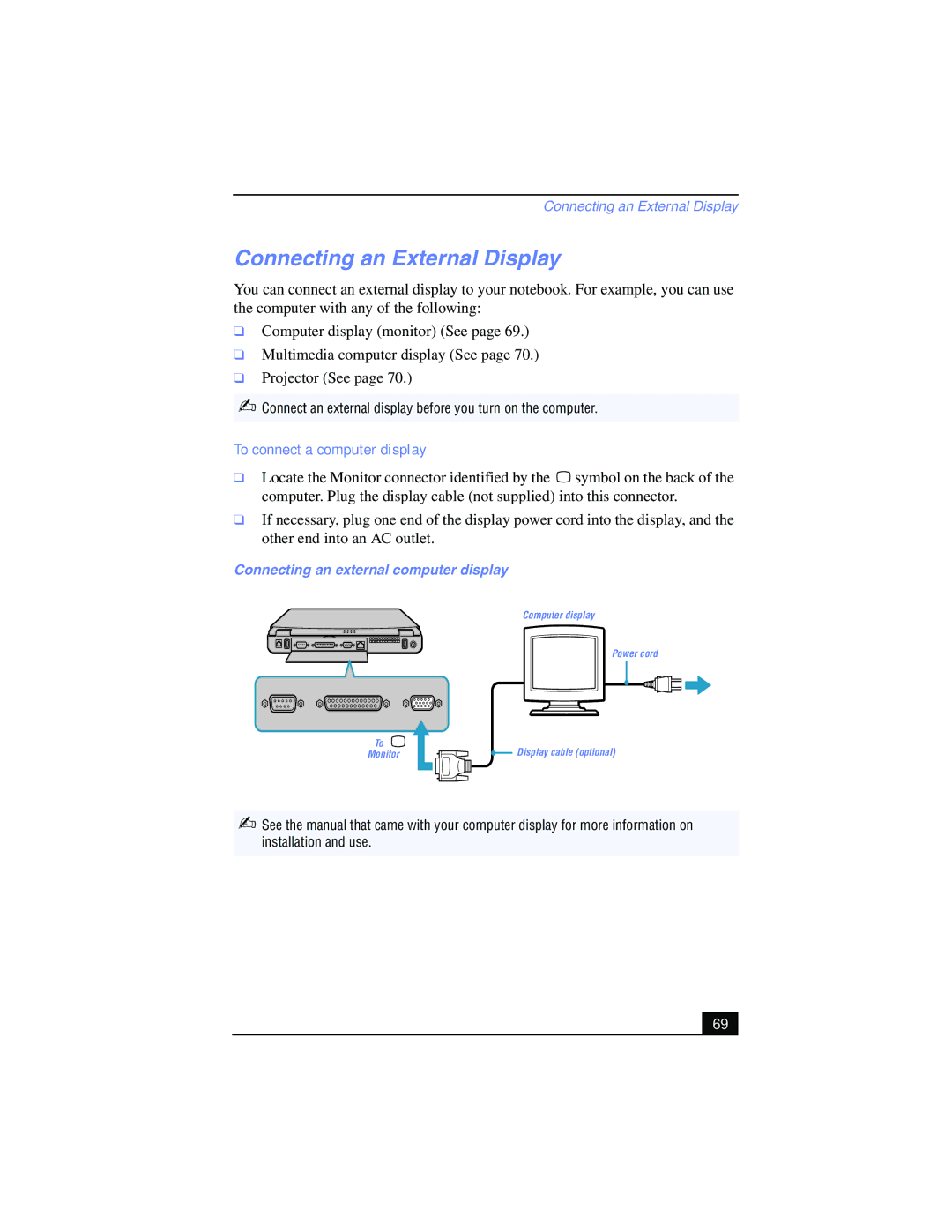 Sony PCG-FX215 Connecting an External Display, To connect a computer display, Connecting an external computer display 