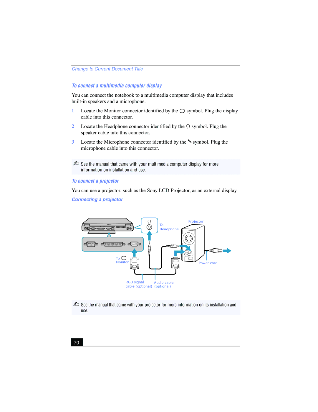 Sony PCG-FX210, PCG-FX215 manual To connect a multimedia computer display, To connect a projector, Connecting a projector 