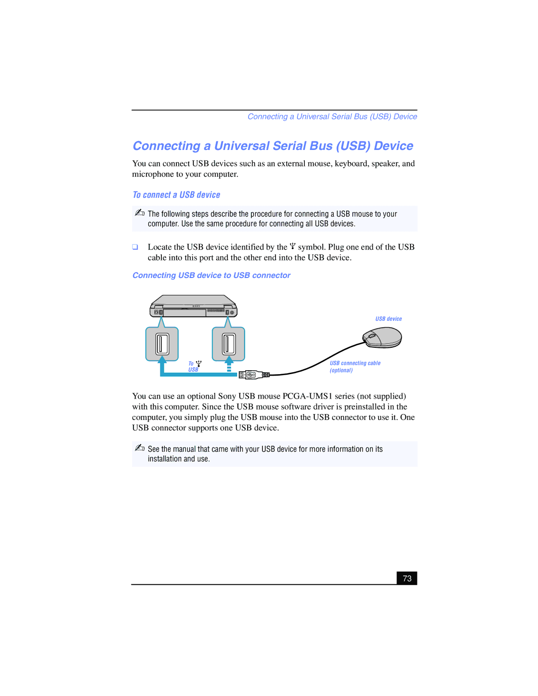 Sony PCG-FX215, PCG-FX210 manual Connecting a Universal Serial Bus USB Device, To connect a USB device 