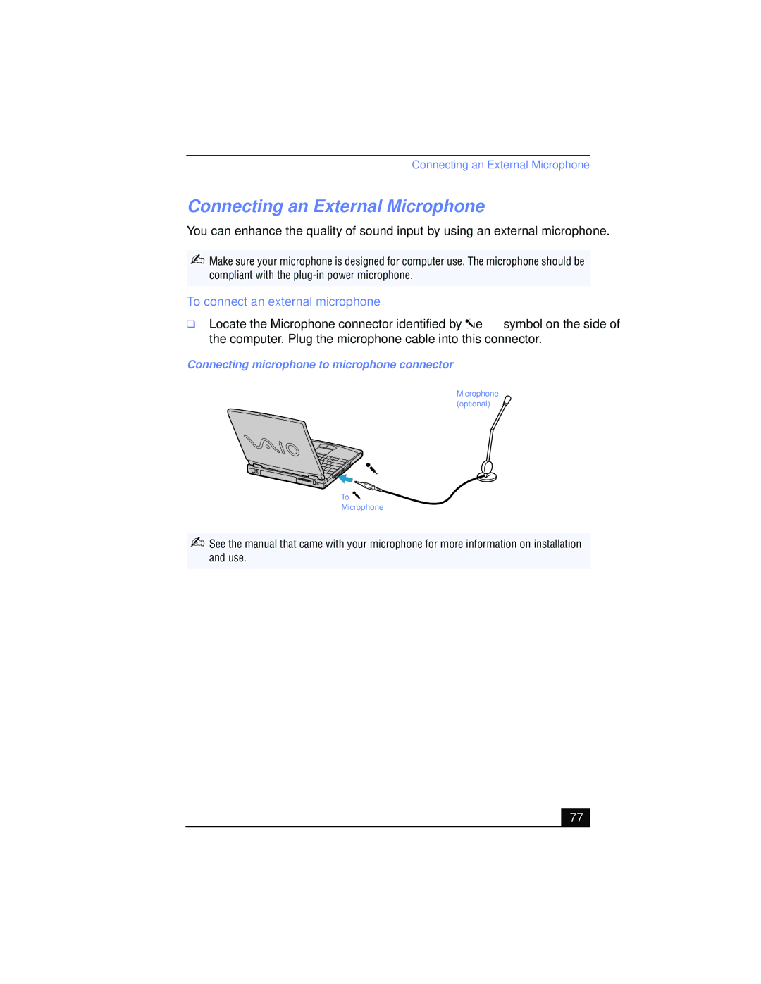 Sony PCG-FX215, PCG-FX210 manual Connecting an External Microphone, To connect an external microphone 