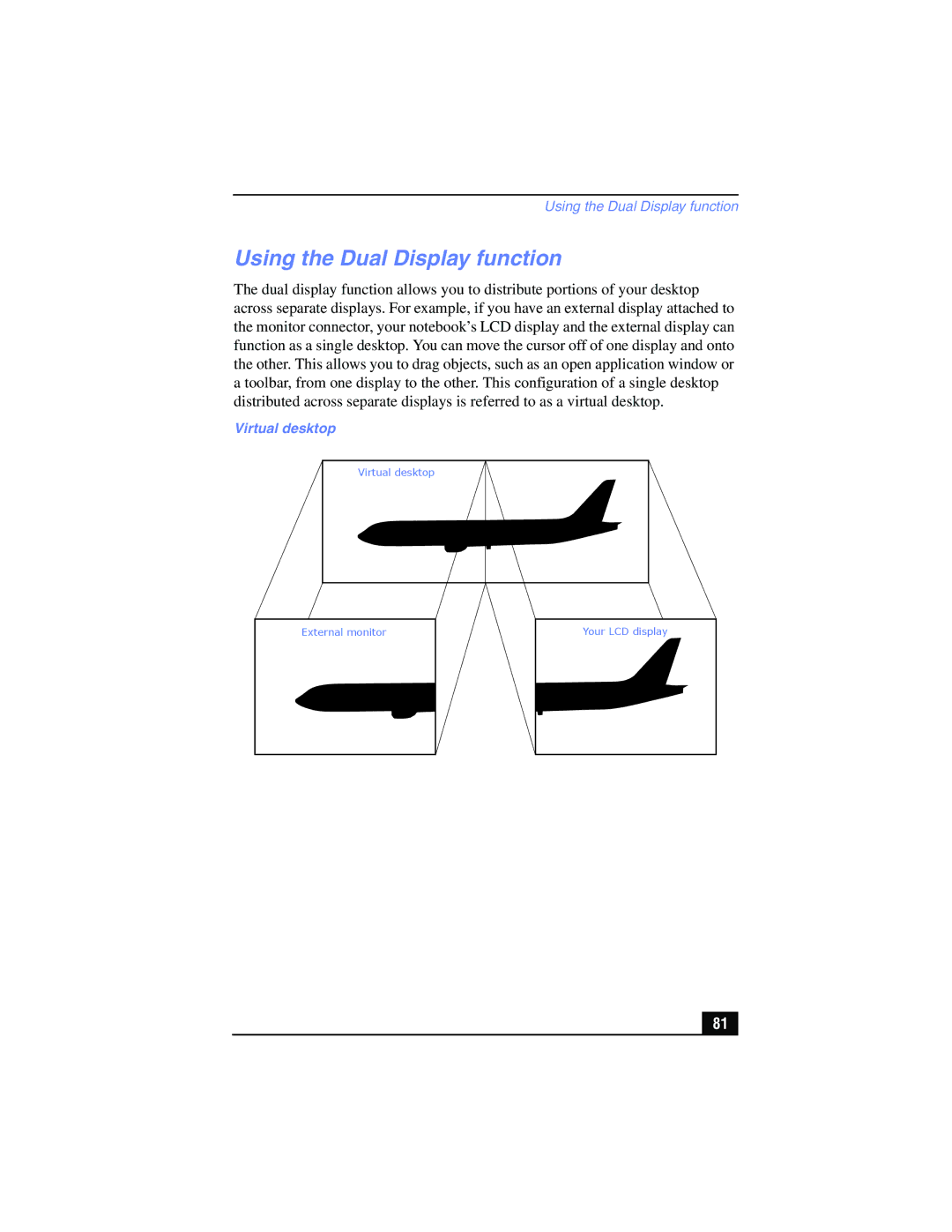 Sony PCG-FX215, PCG-FX210 manual Using the Dual Display function, Virtual desktop 