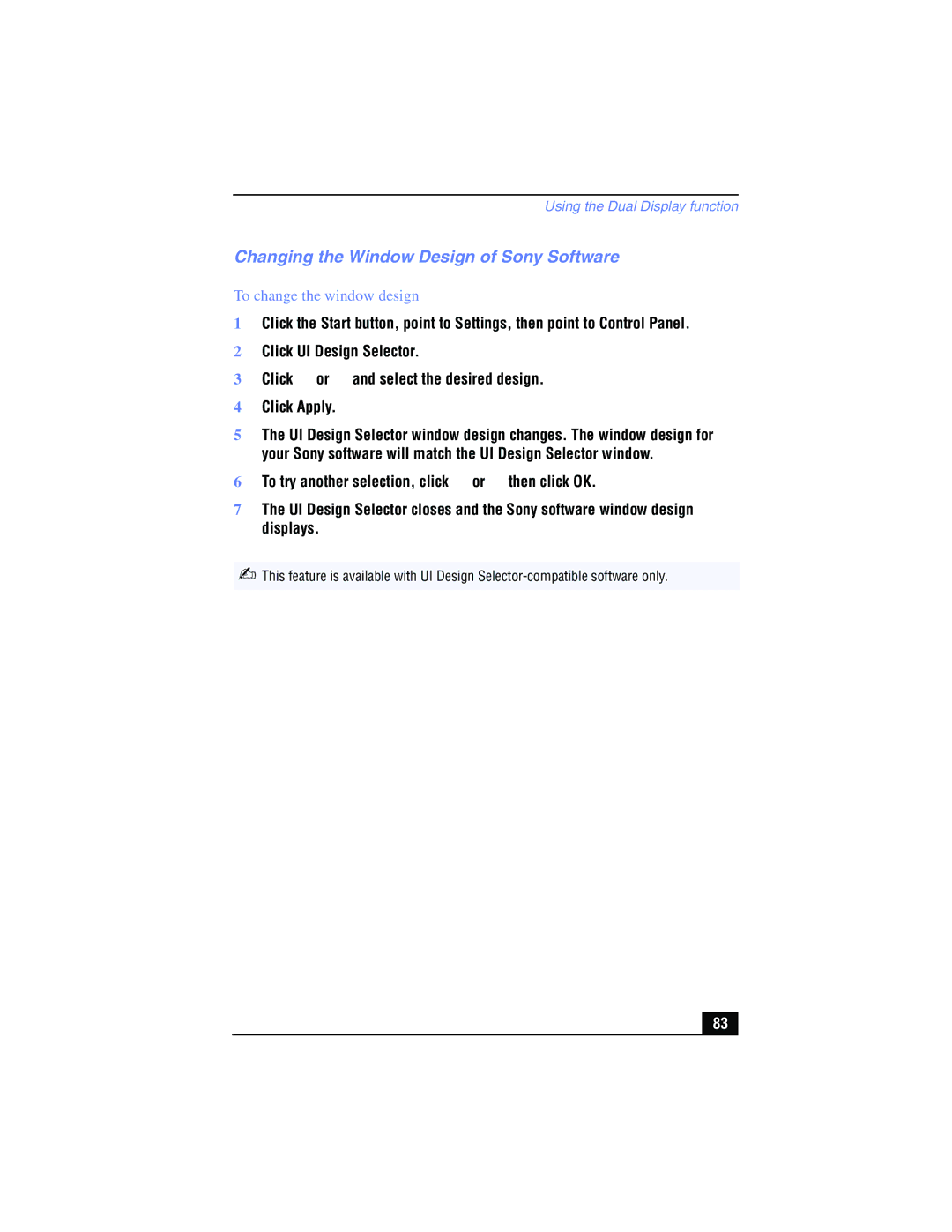 Sony PCG-FX215, PCG-FX210 manual Changing the Window Design of Sony Software, To change the window design 