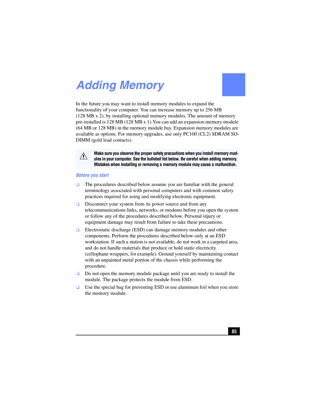 Sony PCG-FX215, PCG-FX210 manual Adding Memory, Before you start 