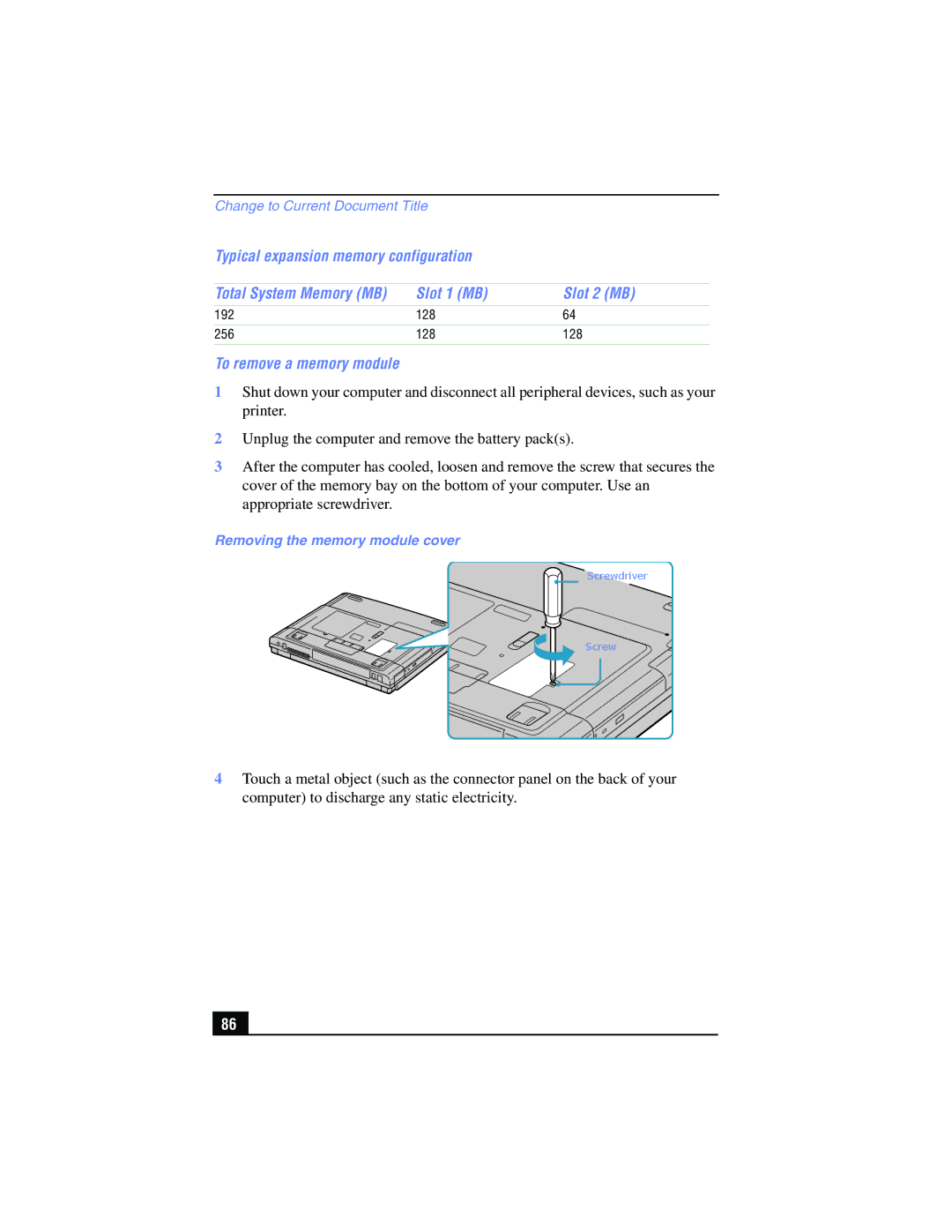 Sony PCG-FX210, PCG-FX215 manual Typical expansion memory configuration, Slot 1 MB Slot 2 MB, To remove a memory module 