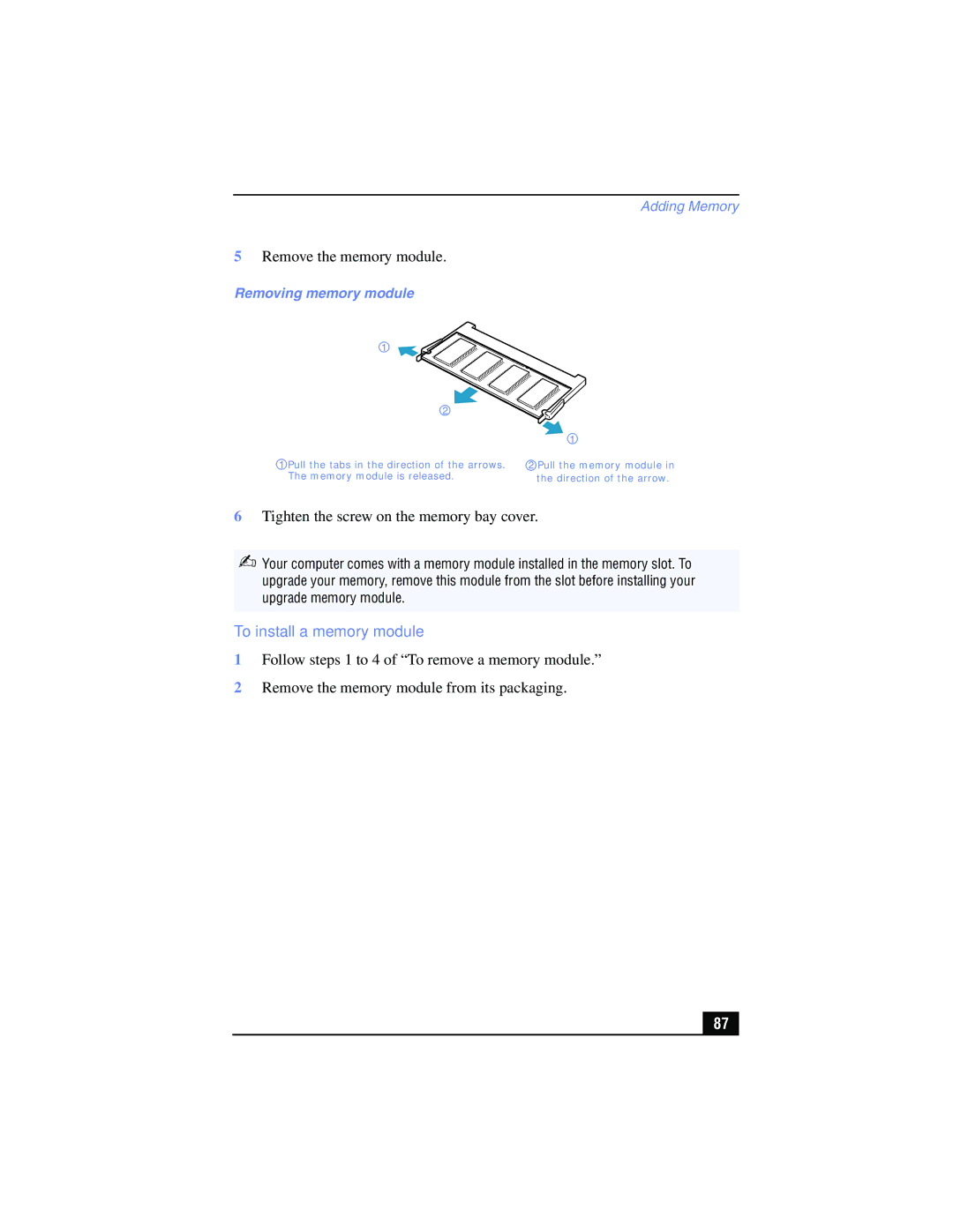 Sony PCG-FX215, PCG-FX210 manual To install a memory module, Removing memory module 