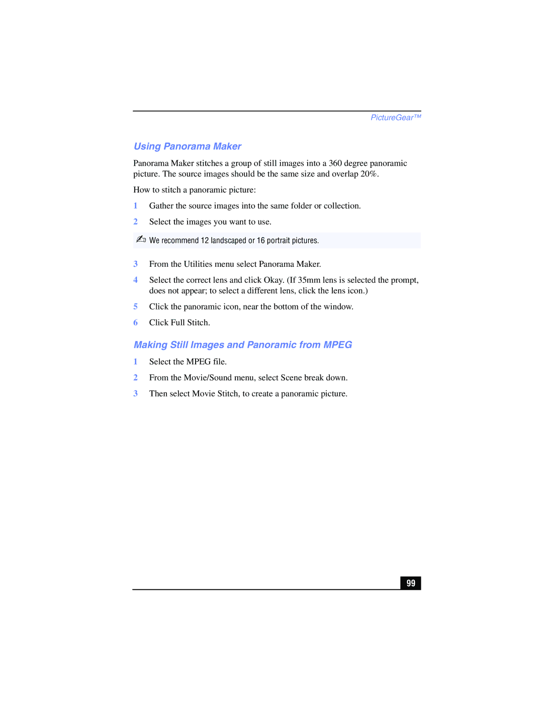 Sony PCG-FX215, PCG-FX210 manual Using Panorama Maker, Making Still Images and Panoramic from Mpeg 