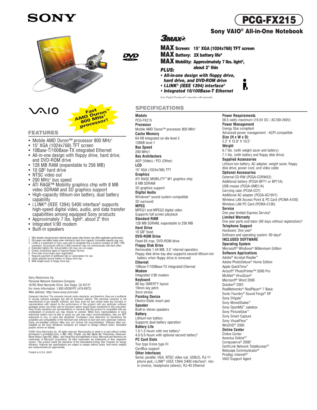 Sony PCG-FX215 specifications Lcd, Mpeg 