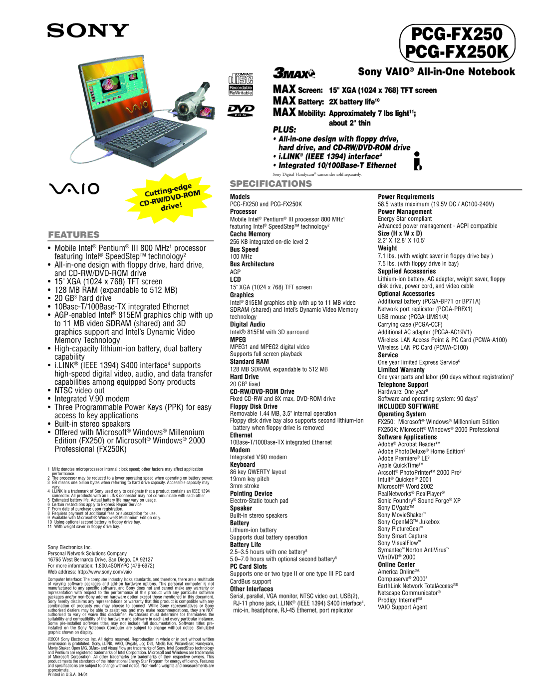 Sony PCG-FX250K specifications Lcd, Mpeg 