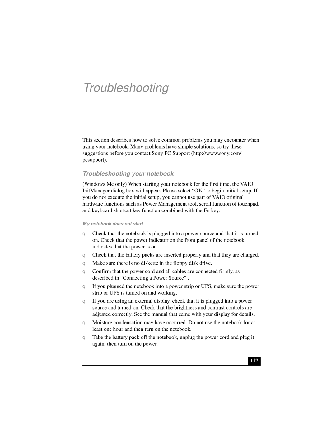 Sony PCG-FX290 manual Troubleshooting your notebook, My notebook does not start, 117 