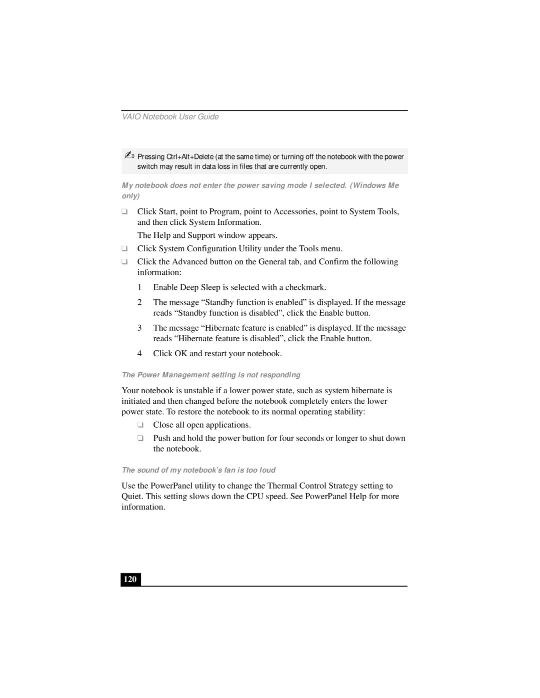 Sony PCG-FX290 manual Power Management setting is not responding, Sound of my notebook’s fan is too loud, 120 