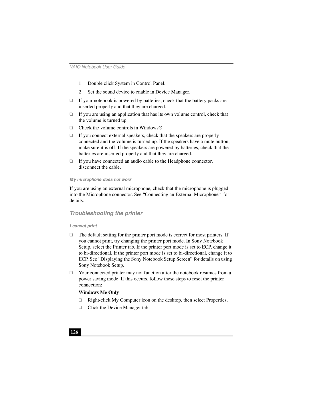 Sony PCG-FX290 manual Troubleshooting the printer, My microphone does not work, Cannot print, 126 