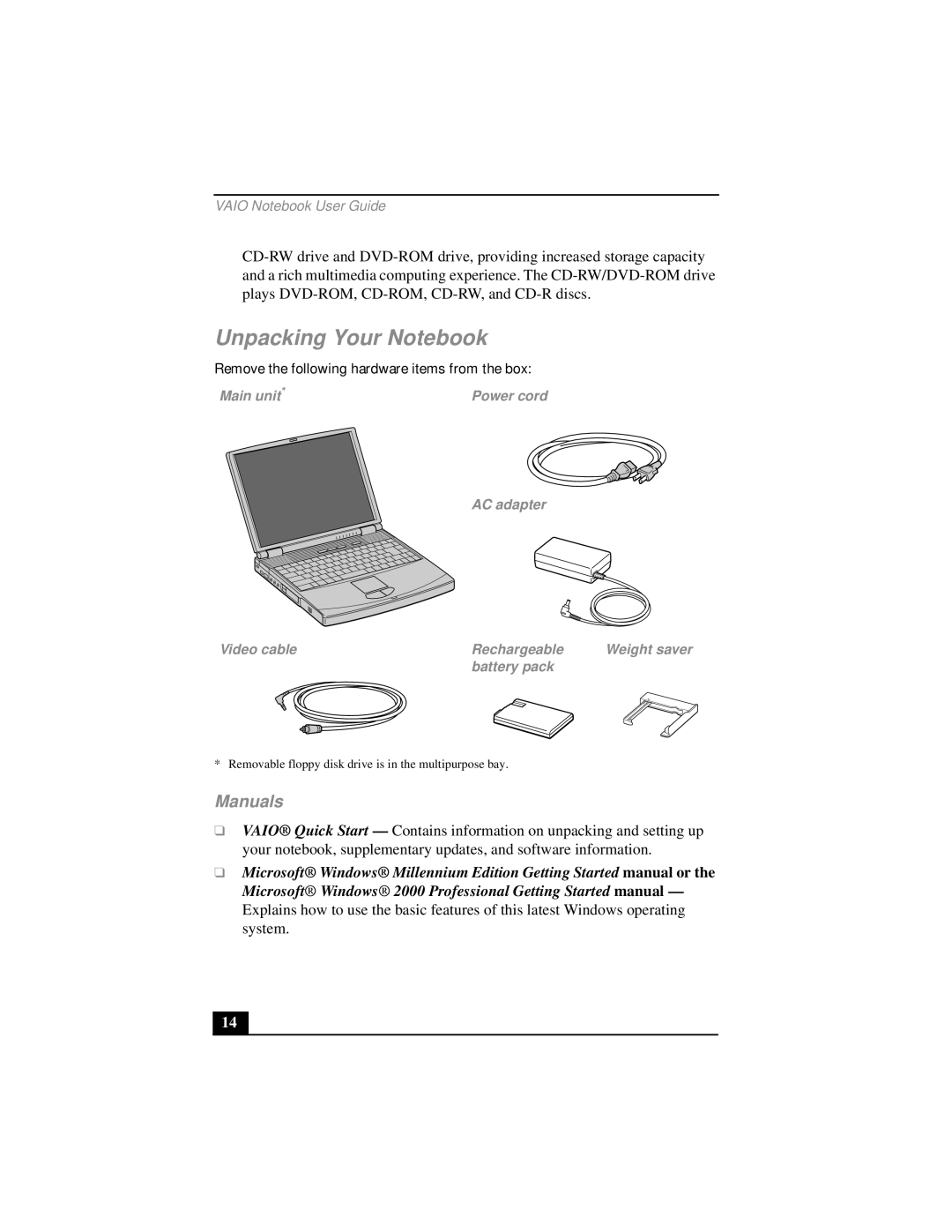 Sony PCG-FX290 manual Unpacking Your Notebook, Manuals, Main unit, AC adapter Video cable Rechargeable, Battery pack 