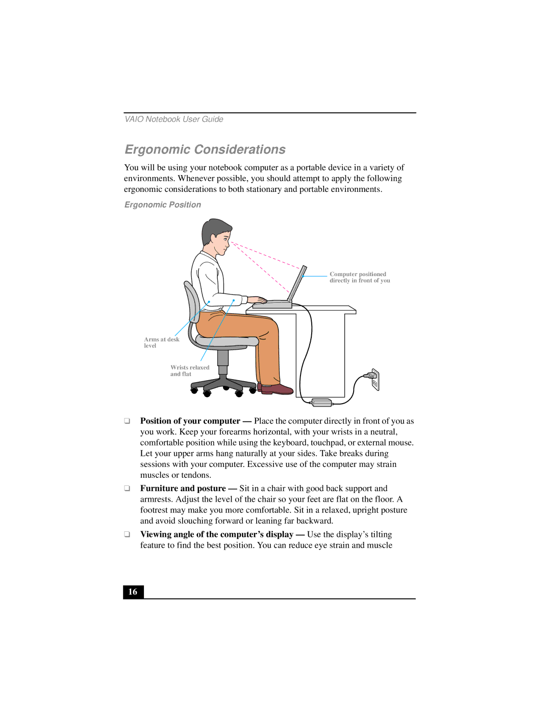 Sony PCG-FX290 manual Ergonomic Considerations, Ergonomic Position 