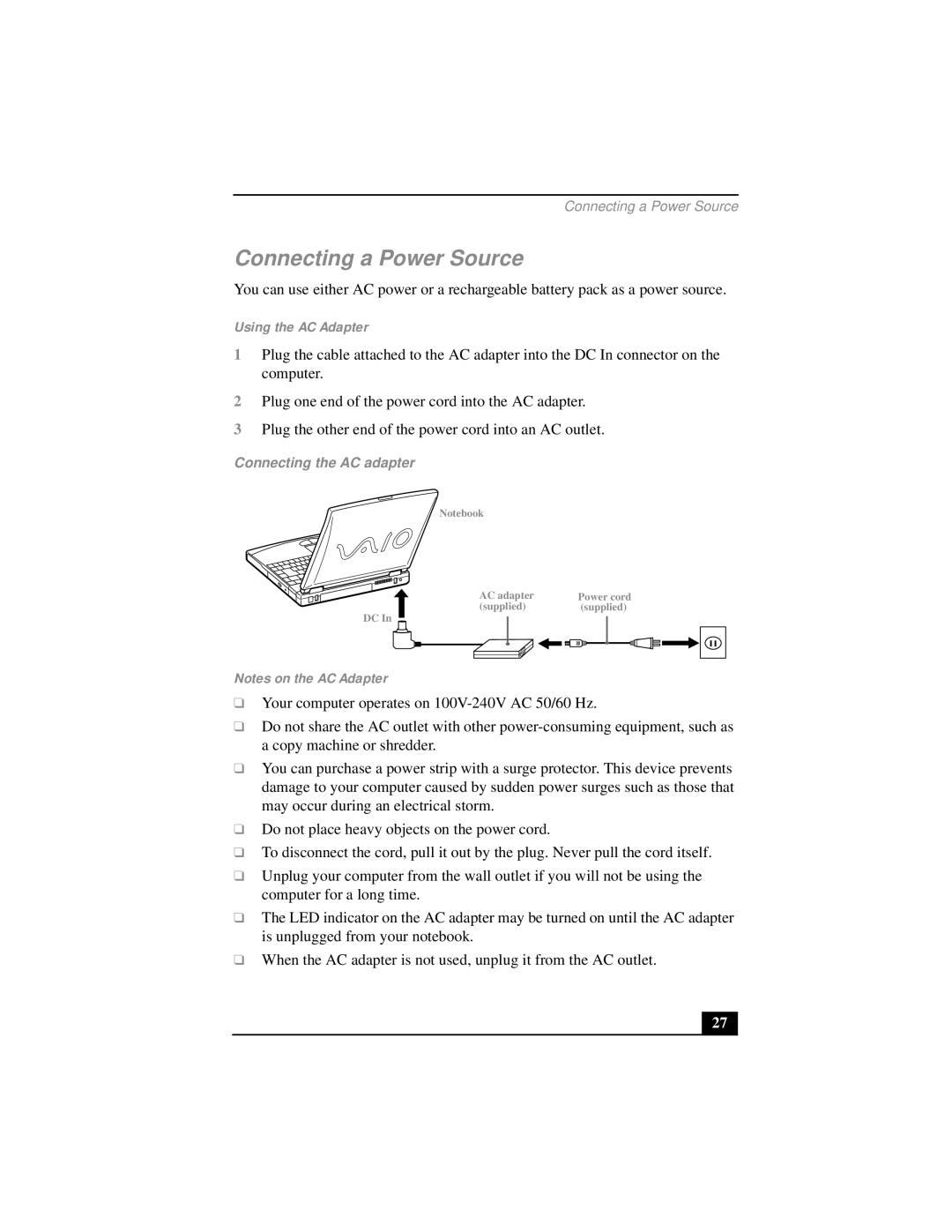 Sony PCG-FX290 manual Connecting a Power Source, Using the AC Adapter, Connecting the AC adapter 