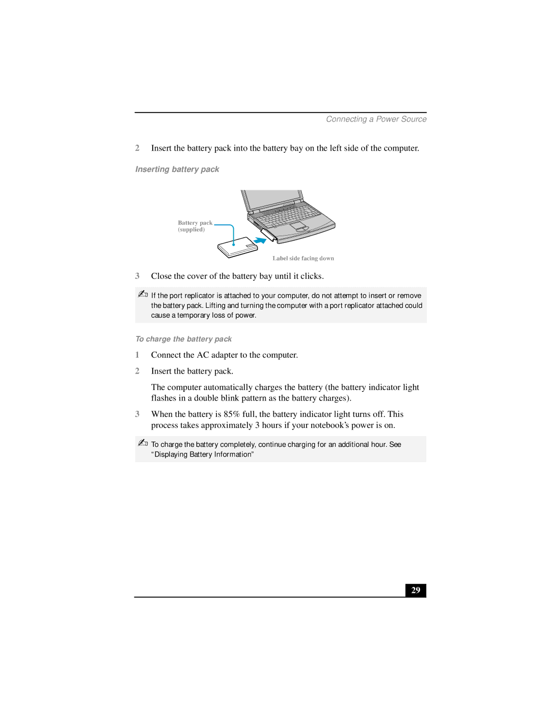 Sony PCG-FX290 manual To charge the battery pack, Inserting battery pack 