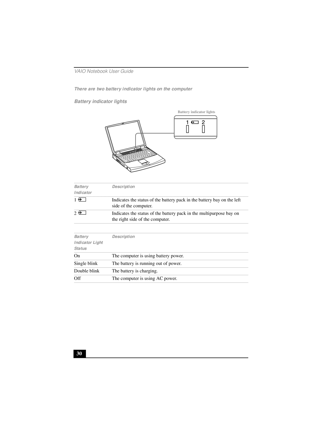 Sony PCG-FX290 manual There are two battery indicator lights on the computer, Battery indicator lights 