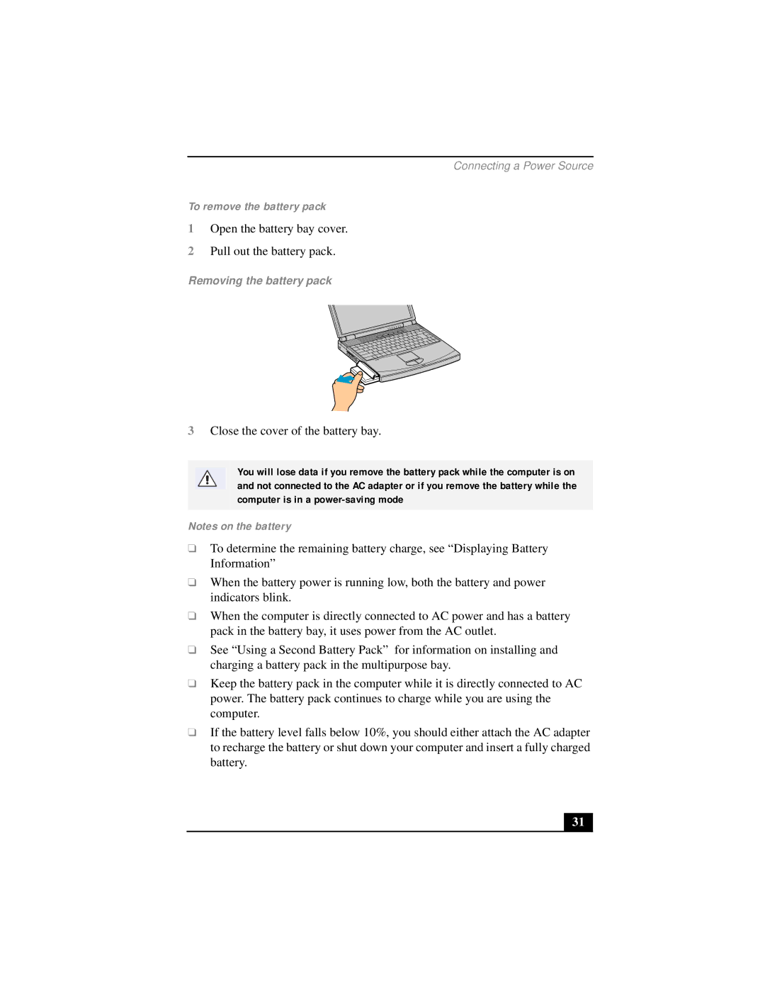 Sony PCG-FX290 manual To remove the battery pack, Removing the battery pack 