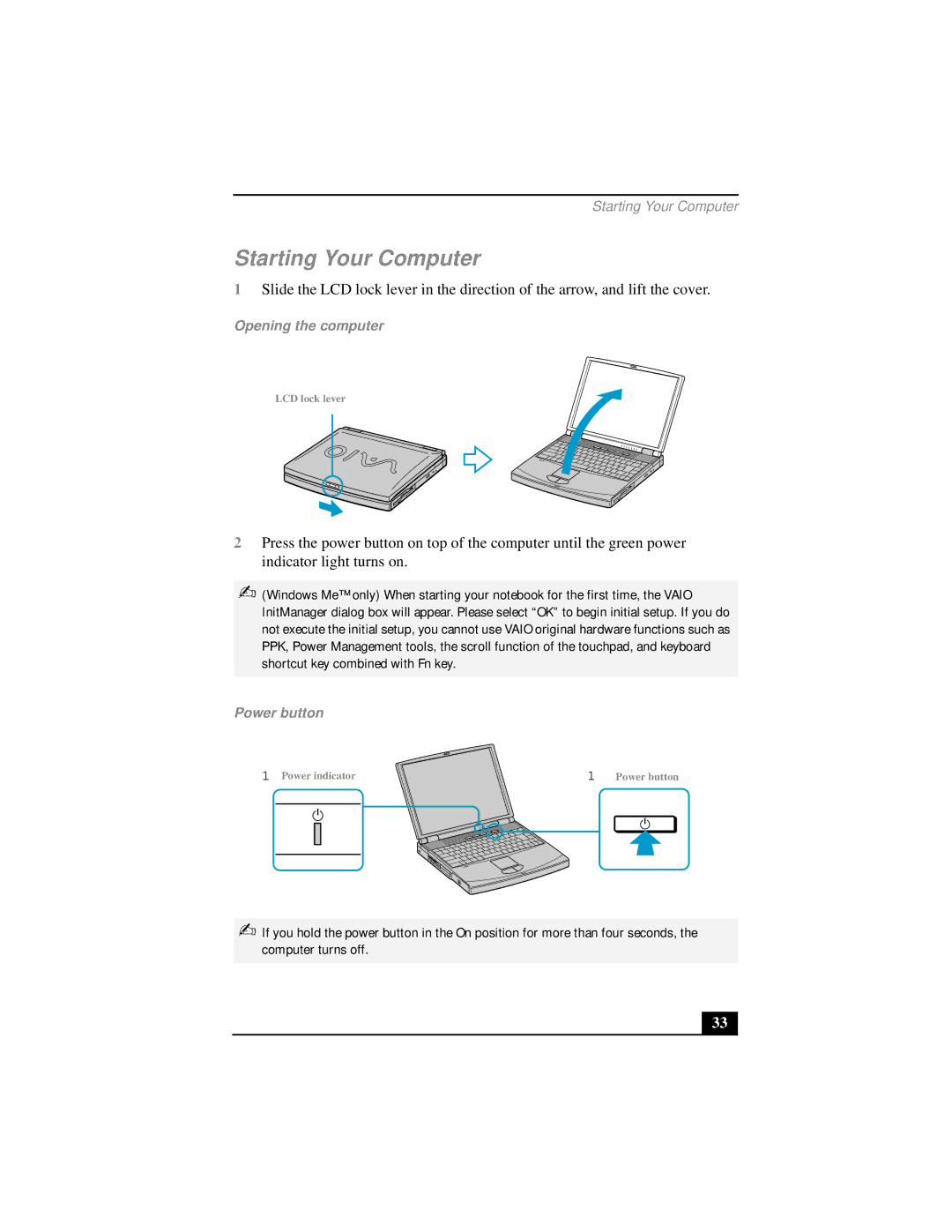 Sony PCG-FX290 manual Starting Your Computer, Opening the computer 