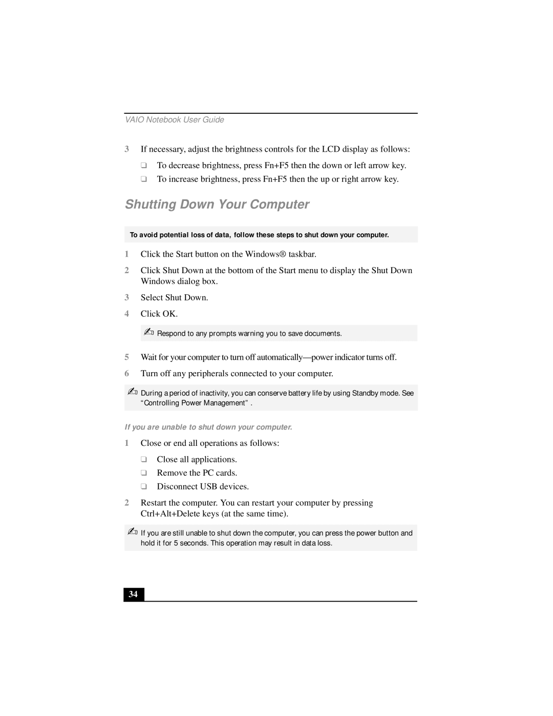 Sony PCG-FX290 manual Shutting Down Your Computer, If you are unable to shut down your computer 