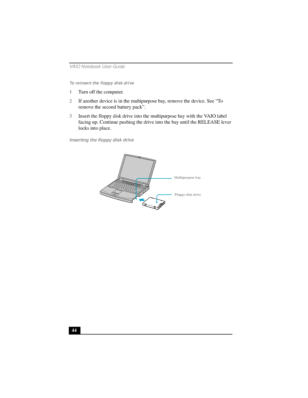 Sony PCG-FX290 manual To reinsert the floppy disk drive, Inserting the floppy disk drive 