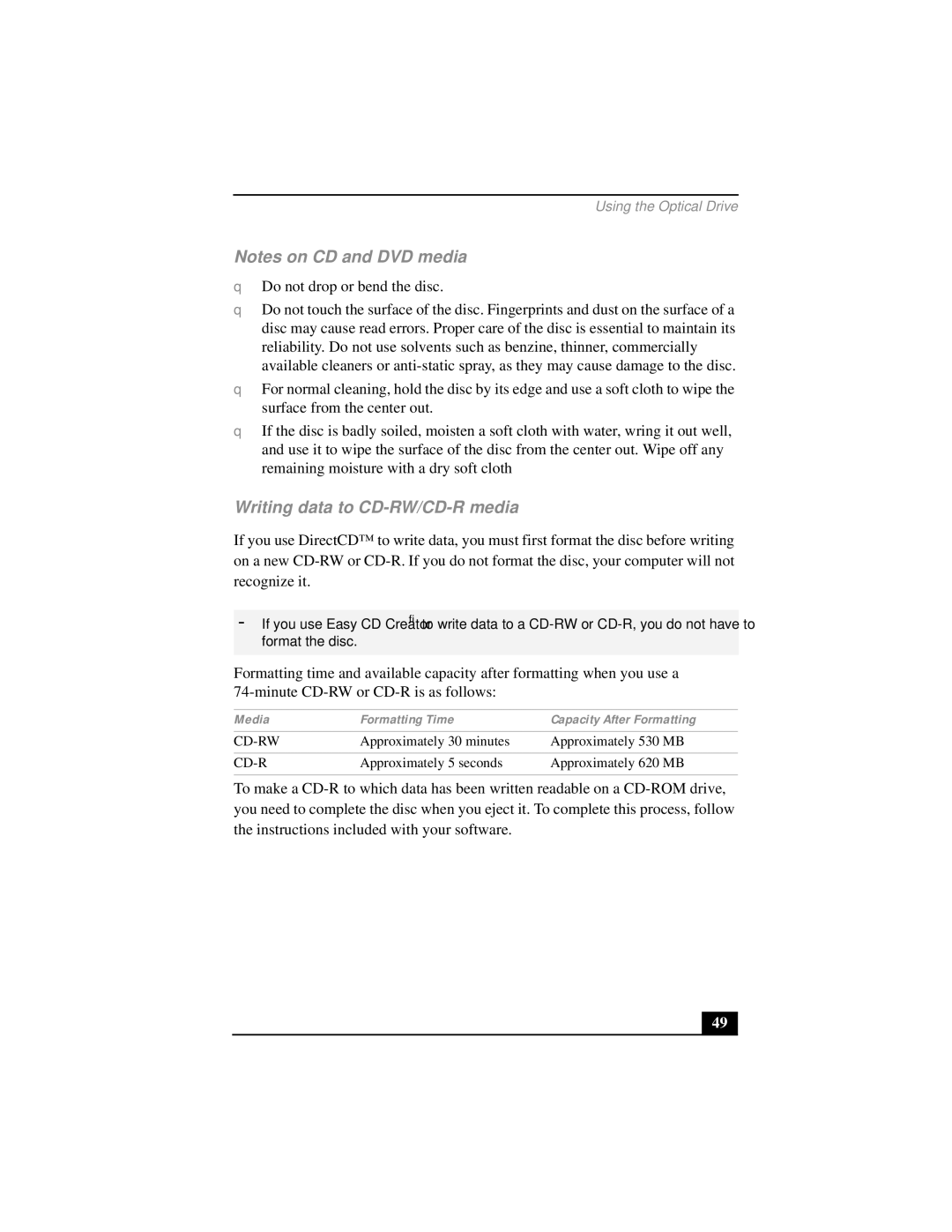 Sony PCG-FX290 manual Writing data to CD-RW/CD-R media, Media Formatting Time Capacity After Formatting 