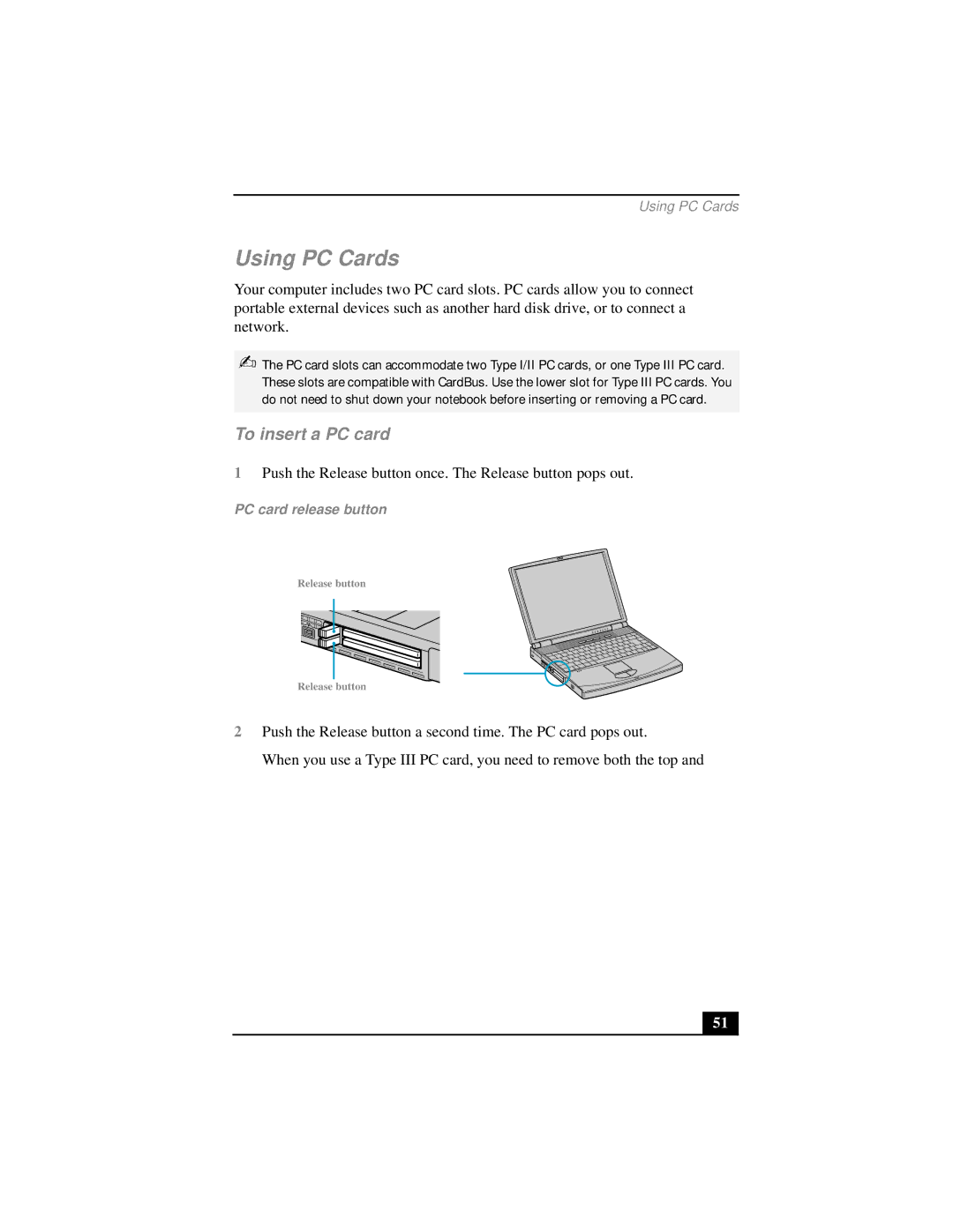 Sony PCG-FX290 manual Using PC Cards, To insert a PC card, PC card release button 