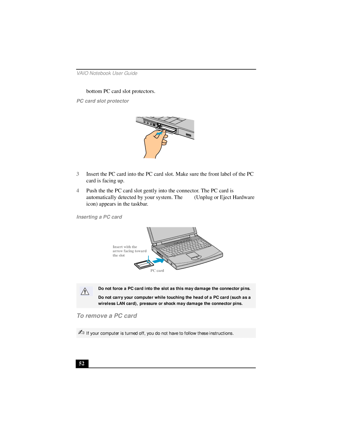 Sony PCG-FX290 manual To remove a PC card, PC card slot protector, Inserting a PC card 