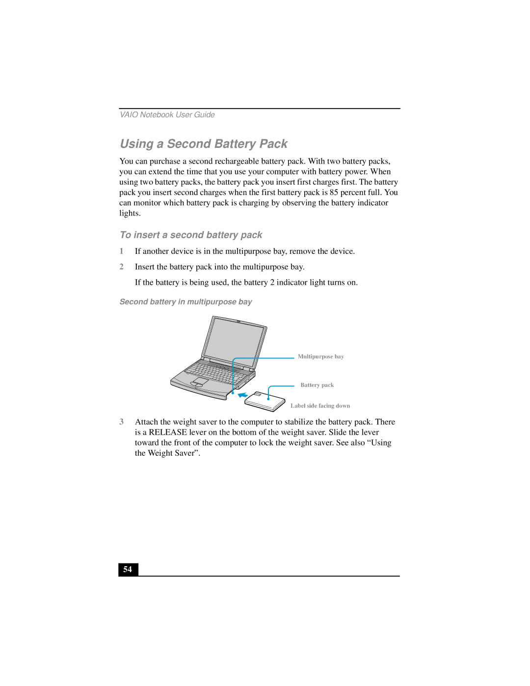 Sony PCG-FX290 manual Using a Second Battery Pack, To insert a second battery pack, Second battery in multipurpose bay 