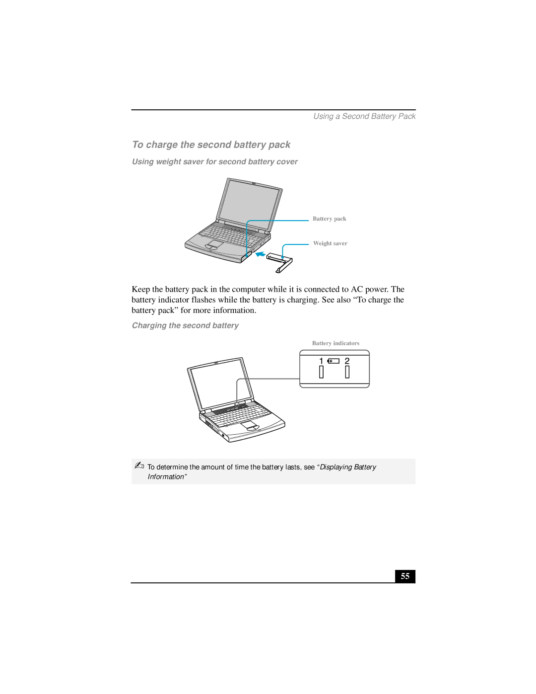 Sony PCG-FX290 To charge the second battery pack, Using weight saver for second battery cover, Charging the second battery 