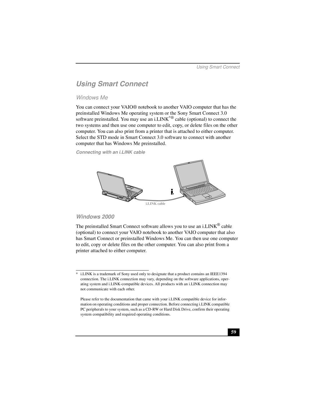 Sony PCG-FX290 manual Using Smart Connect, Windows Me, Connecting with an i.LINK cable 