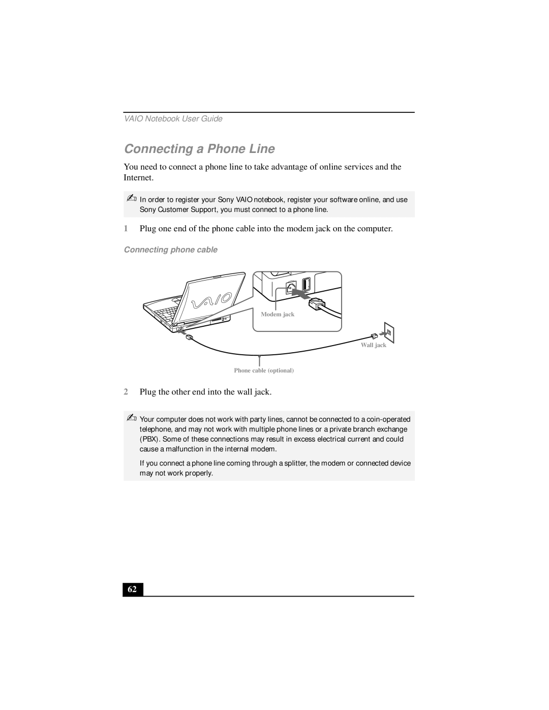 Sony PCG-FX290 manual Connecting a Phone Line, Connecting phone cable 