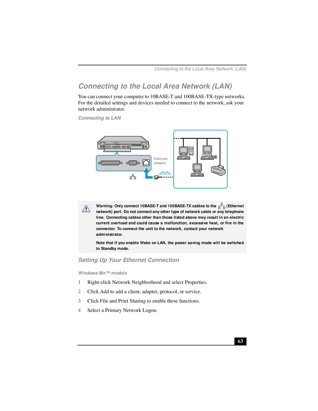 Sony PCG-FX290 manual Connecting to the Local Area Network LAN, Setting Up Your Ethernet Connection, Windows Me models 