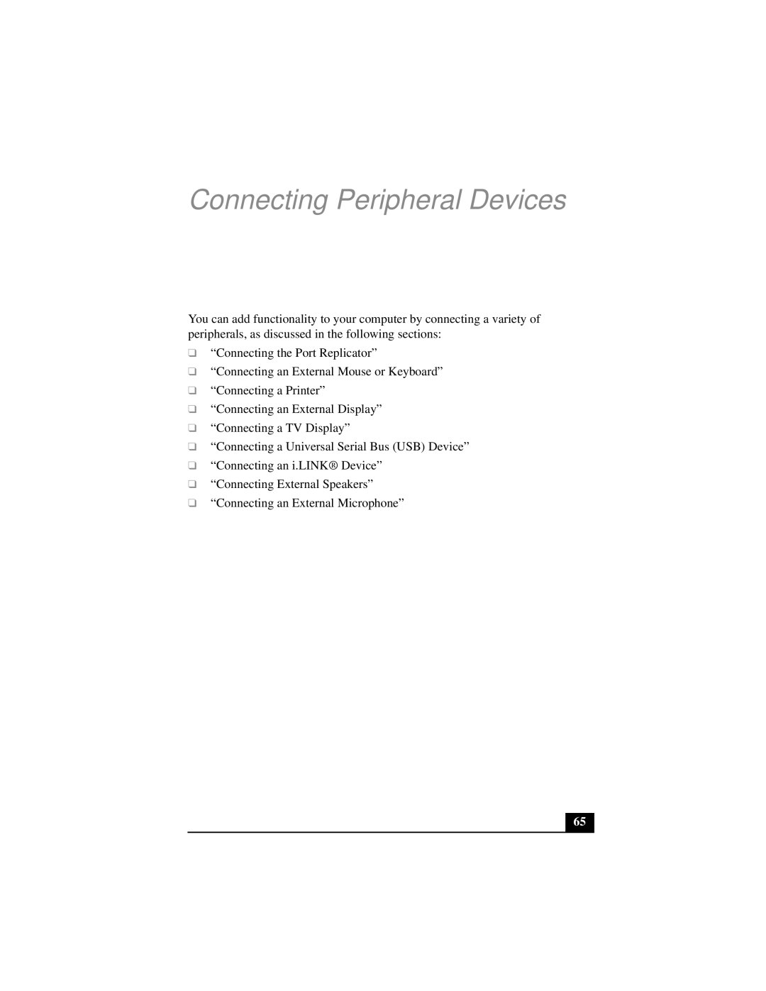 Sony PCG-FX290 manual Connecting Peripheral Devices 