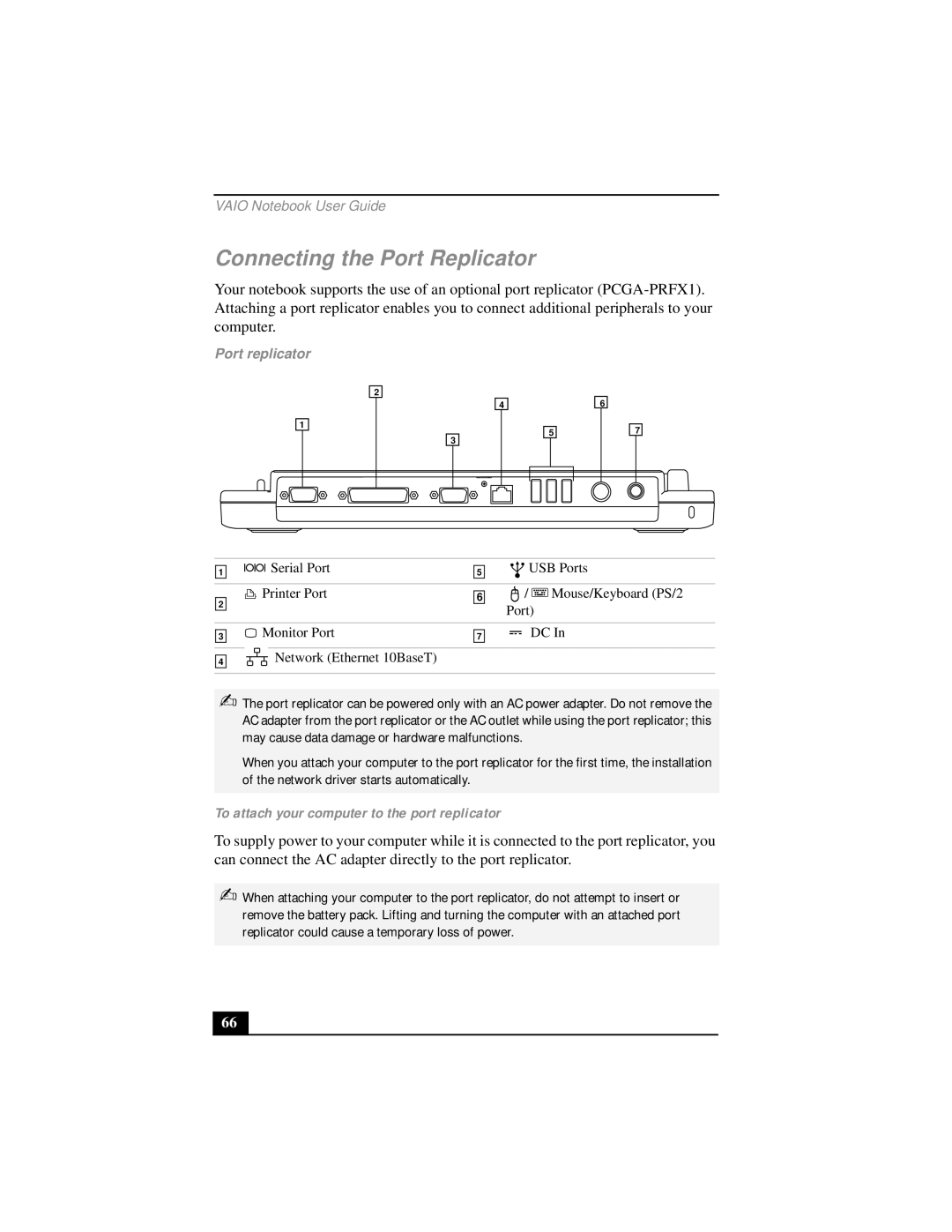 Sony PCG-FX290 manual Connecting the Port Replicator, To attach your computer to the port replicator, Port replicator 