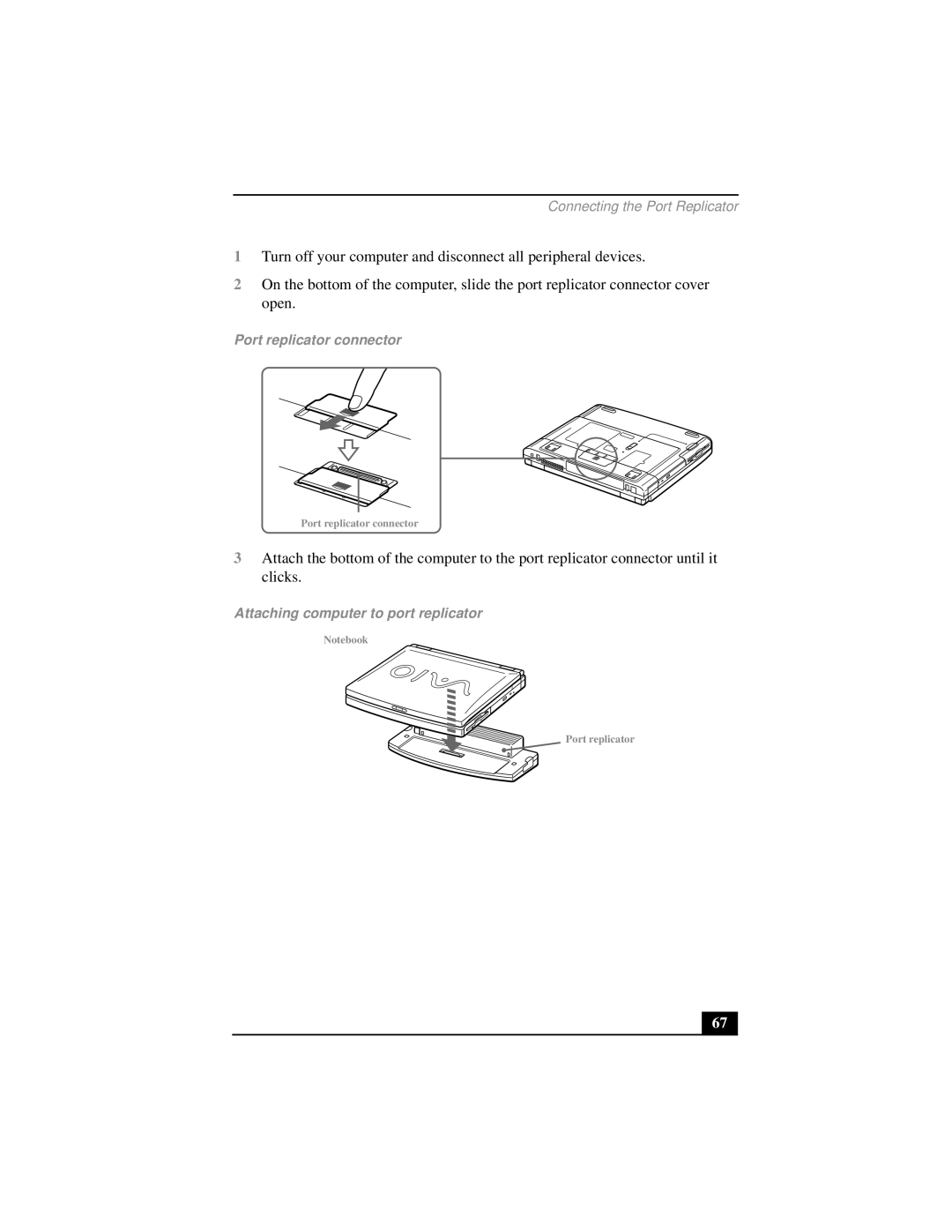 Sony PCG-FX290 manual Port replicator connector, Attaching computer to port replicator 