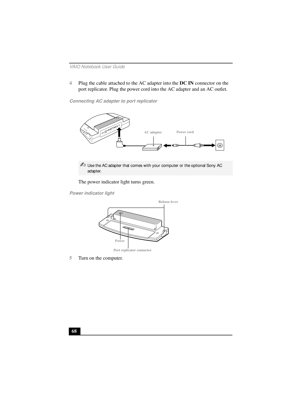 Sony PCG-FX290 manual Connecting AC adapter to port replicator, Power indicator light 