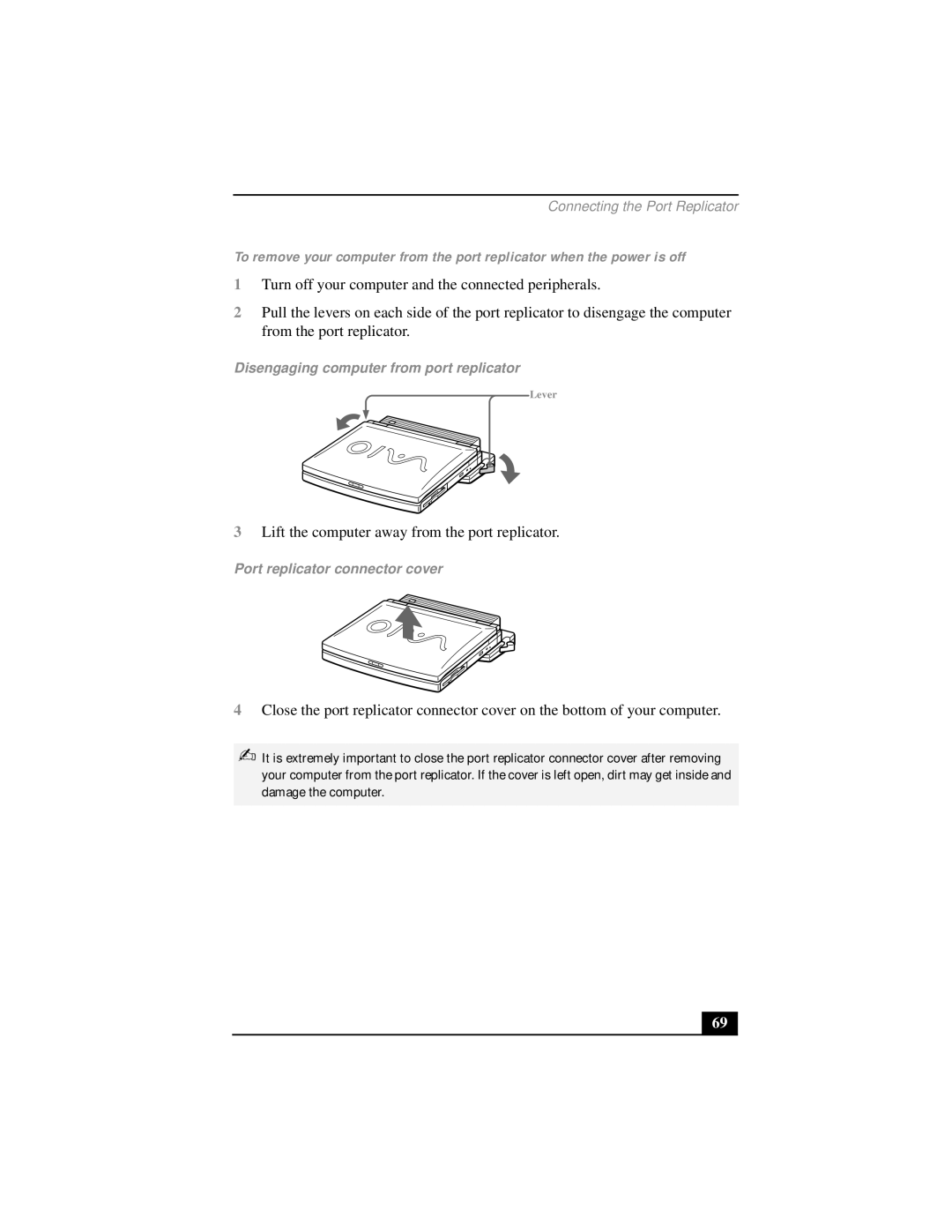 Sony PCG-FX290 manual Disengaging computer from port replicator, Port replicator connector cover 