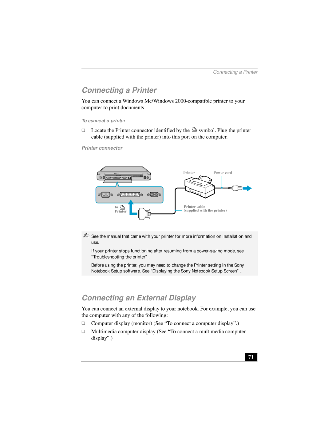 Sony PCG-FX290 manual Connecting a Printer, Connecting an External Display, To connect a printer 