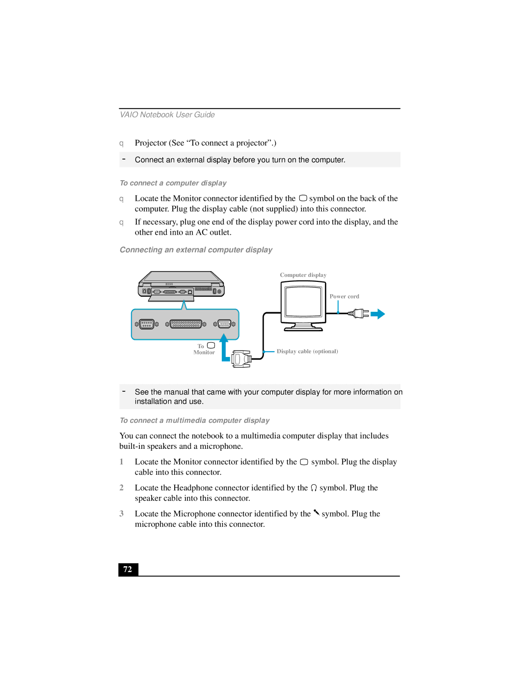 Sony PCG-FX290 manual To connect a computer display, To connect a multimedia computer display 