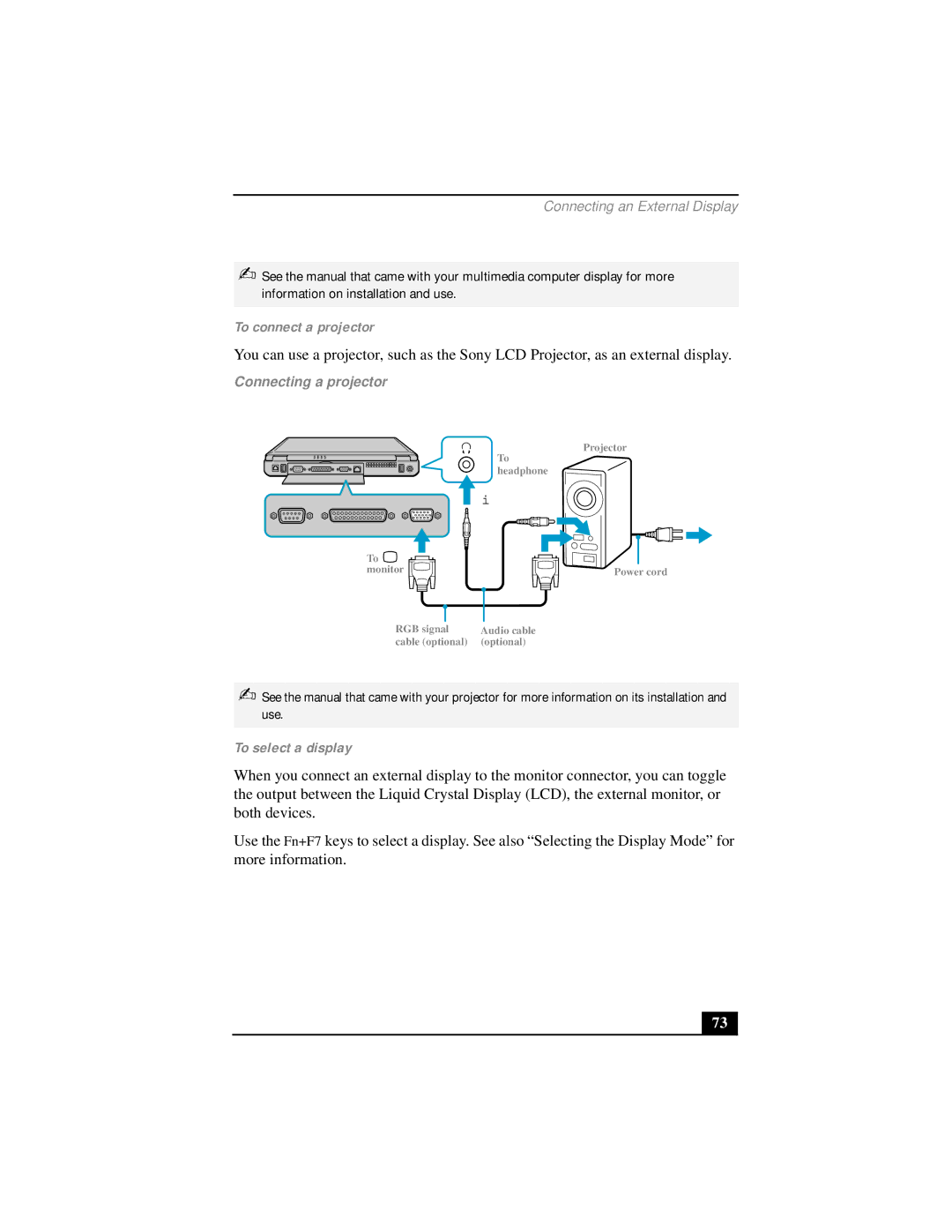 Sony PCG-FX290 manual To connect a projector, To select a display, Connecting a projector 