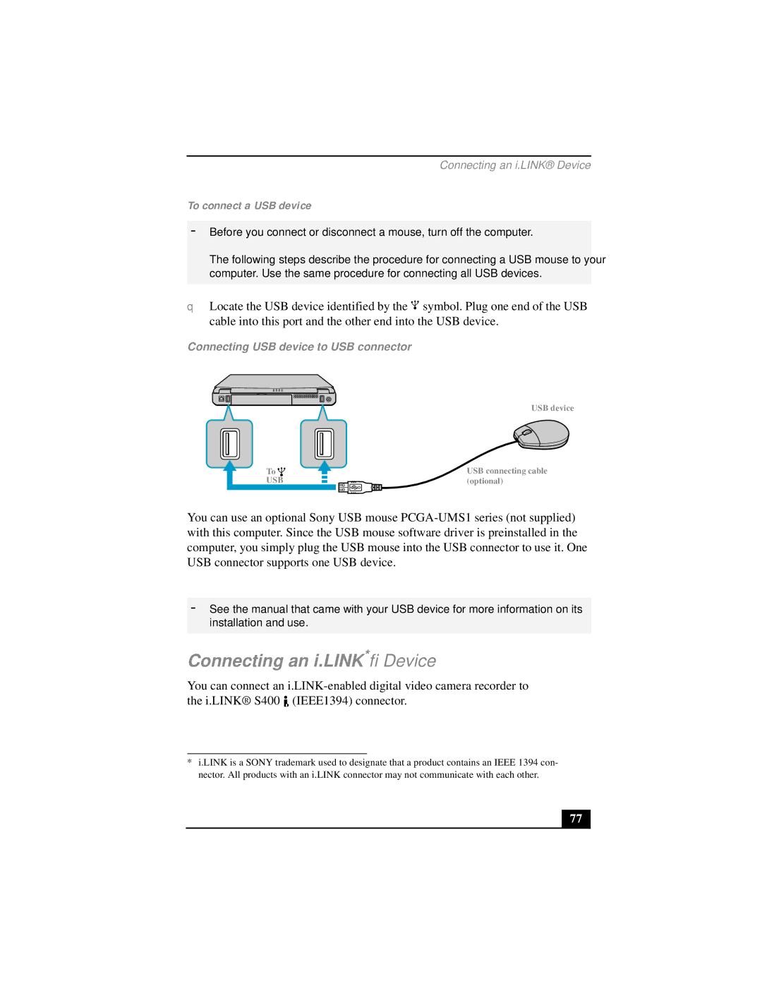 Sony PCG-FX290 manual Connecting an i.LINK* Device, To connect a USB device, Connecting USB device to USB connector 