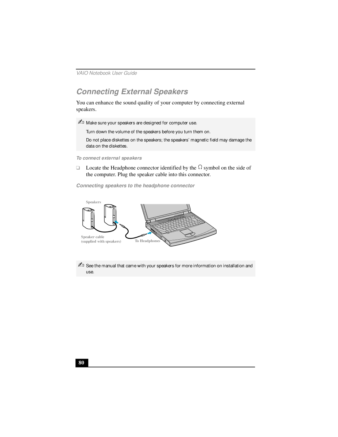 Sony PCG-FX290 Connecting External Speakers, To connect external speakers, Connecting speakers to the headphone connector 