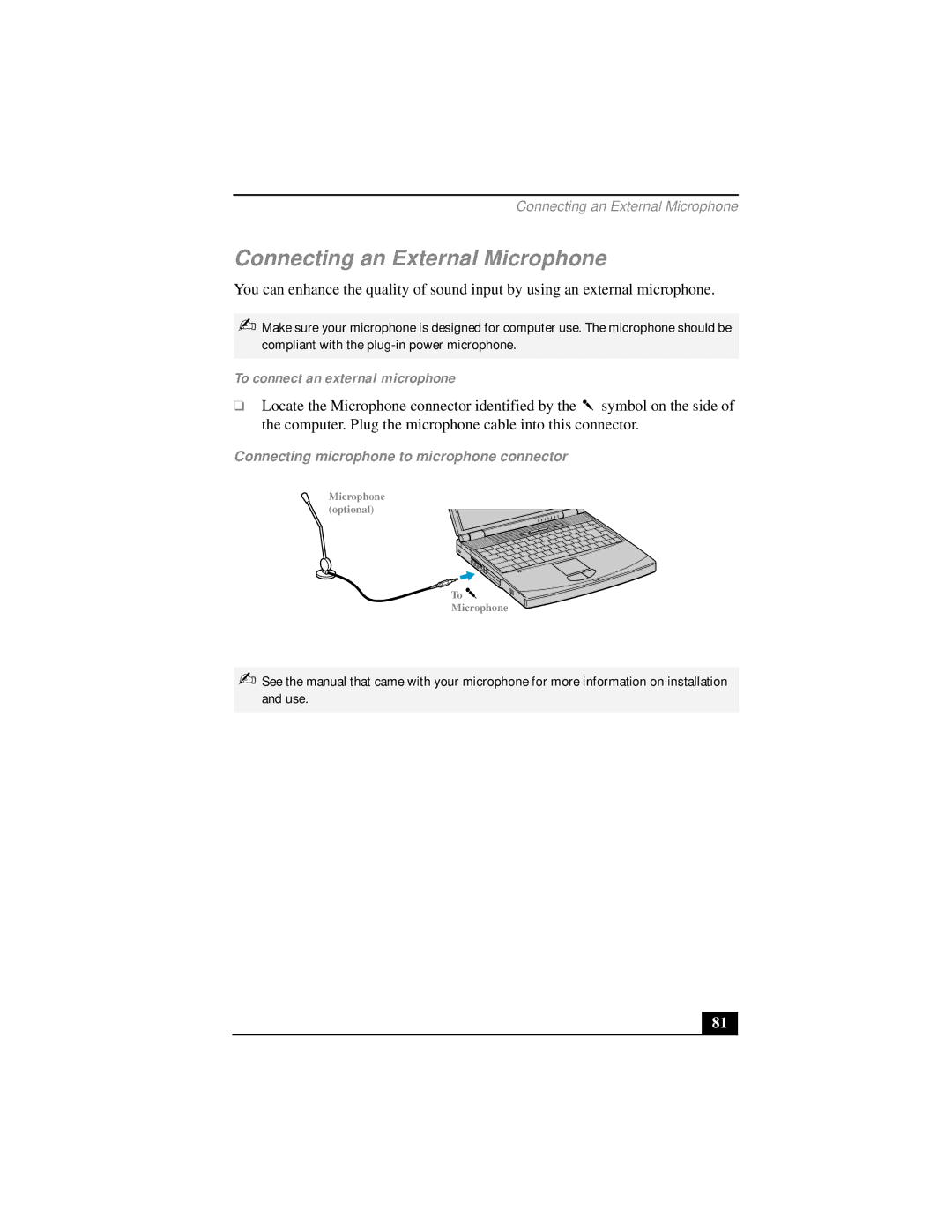 Sony PCG-FX290 manual Connecting an External Microphone, To connect an external microphone 