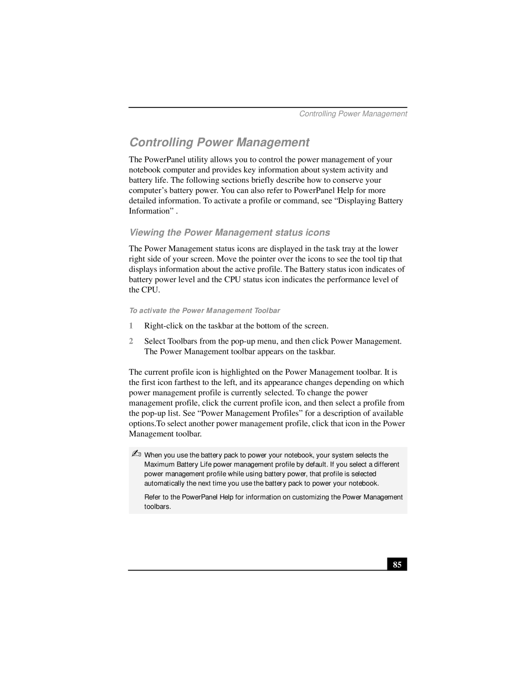 Sony PCG-FX290 manual Controlling Power Management, Viewing the Power Management status icons 