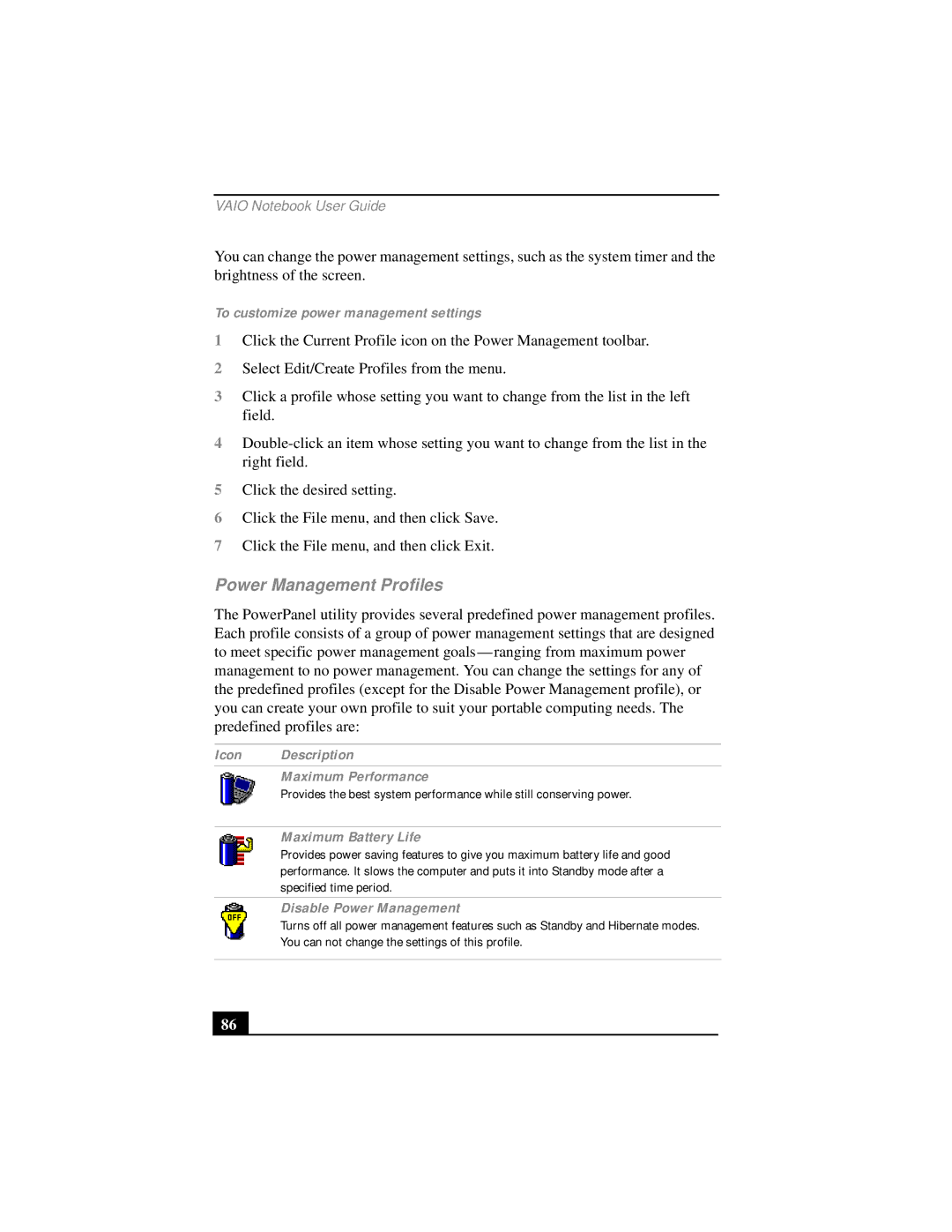 Sony PCG-FX290 Power Management Profiles, To customize power management settings, Icon Description Maximum Performance 